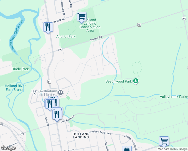 map of restaurants, bars, coffee shops, grocery stores, and more near 45 Forest Edge Crescent in East Gwillimbury