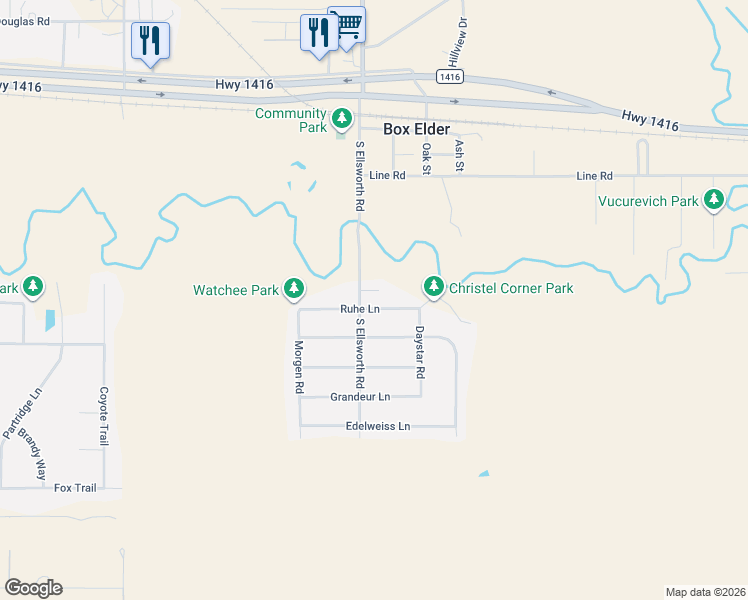 map of restaurants, bars, coffee shops, grocery stores, and more near 312 Ruhe Lane in Box Elder