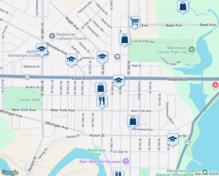 map of restaurants, bars, coffee shops, grocery stores, and more near 916 Pine Street in Manitowoc