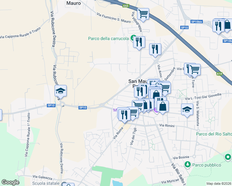 map of restaurants, bars, coffee shops, grocery stores, and more near 42 Via Giotto in San Mauro Pascoli