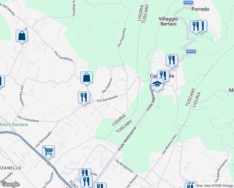 map of restaurants, bars, coffee shops, grocery stores, and more near 101 Via Sarzanello in Sarzana