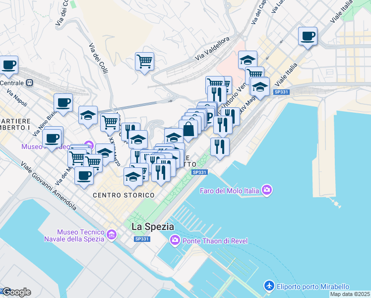 map of restaurants, bars, coffee shops, grocery stores, and more near 24 Via Tolone in La Spezia