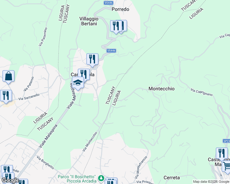 map of restaurants, bars, coffee shops, grocery stores, and more near 69 Via Montecchio in Castelnuovo Magra