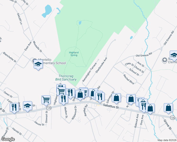 map of restaurants, bars, coffee shops, grocery stores, and more near 18 Kensington Terrace in Lewiston