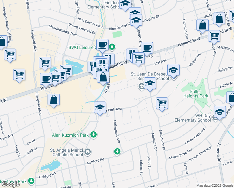 map of restaurants, bars, coffee shops, grocery stores, and more near 202 Sutherland Avenue in Bradford West Gwillimbury