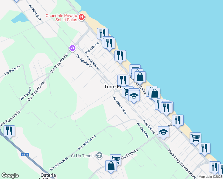 map of restaurants, bars, coffee shops, grocery stores, and more near 8 Via Apollonia in Torre Pedrera