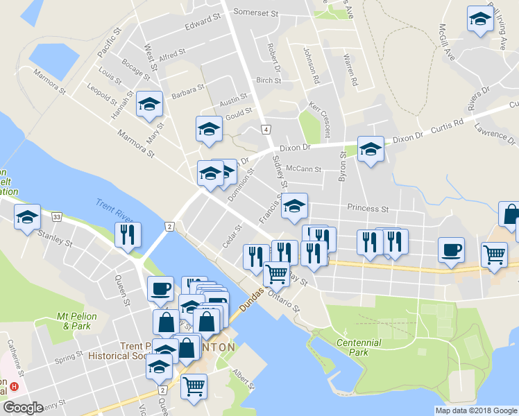 map of restaurants, bars, coffee shops, grocery stores, and more near 8A Mercia Street in Quinte West