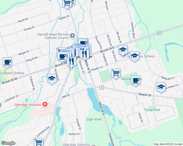 map of restaurants, bars, coffee shops, grocery stores, and more near 61 Main Street South in Uxbridge