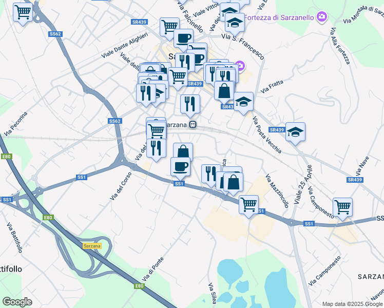 map of restaurants, bars, coffee shops, grocery stores, and more near 33 Via della Crociata in Sarzana