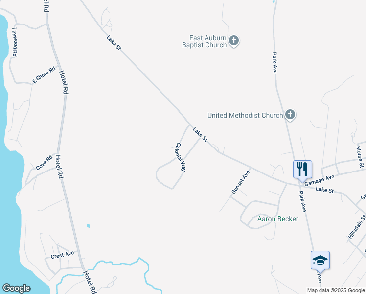 map of restaurants, bars, coffee shops, grocery stores, and more near 18 Colonial Way in Auburn