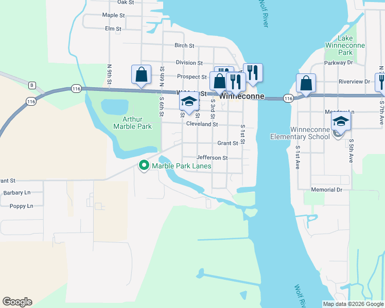 map of restaurants, bars, coffee shops, grocery stores, and more near 332 Jefferson Street in Winneconne