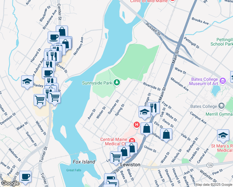 map of restaurants, bars, coffee shops, grocery stores, and more near 108 Whipple Street in Lewiston