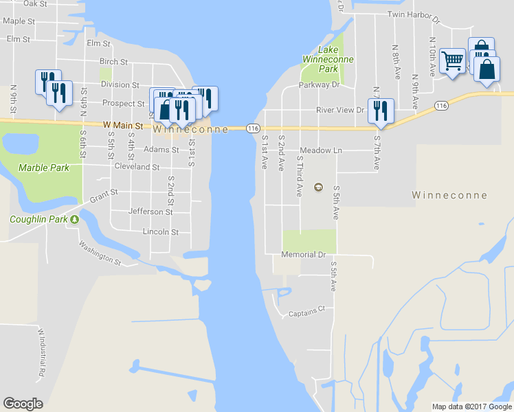map of restaurants, bars, coffee shops, grocery stores, and more near 400 South 1st Avenue in Winneconne