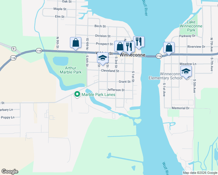 map of restaurants, bars, coffee shops, grocery stores, and more near 332 Jefferson Street in Winneconne