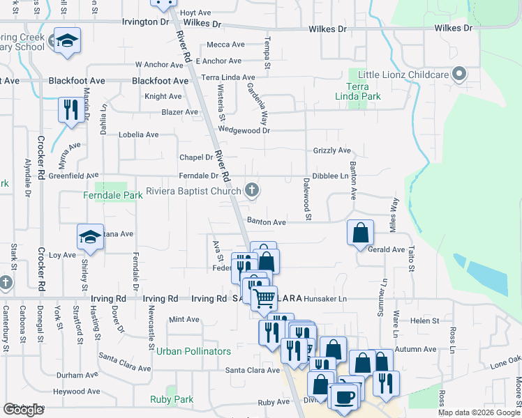 map of restaurants, bars, coffee shops, grocery stores, and more near 3007 River Road in Eugene