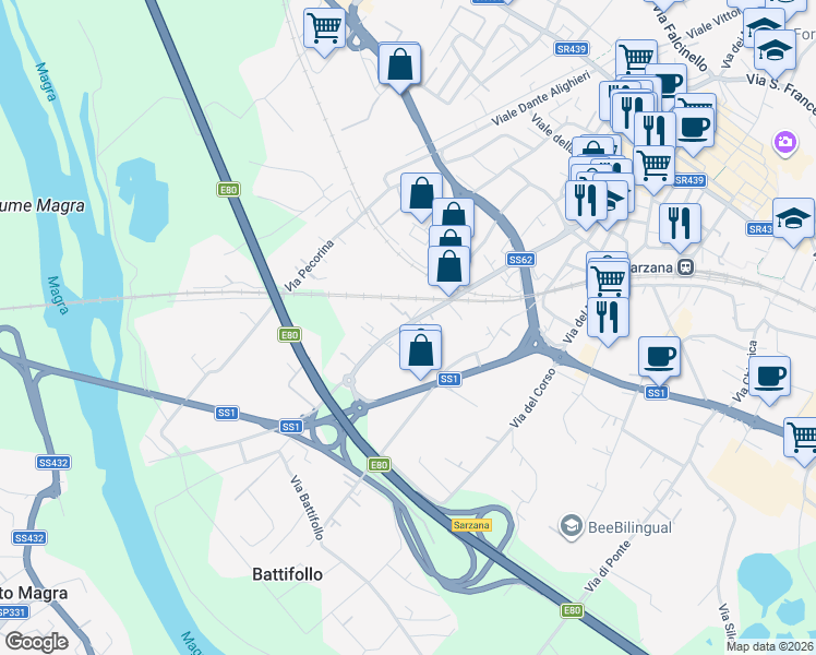 map of restaurants, bars, coffee shops, grocery stores, and more near 145 Via Brigata Partigiana Ugo Muccini in Sarzana