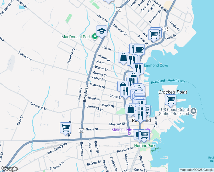 map of restaurants, bars, coffee shops, grocery stores, and more near 63 Summer Street in Rockland