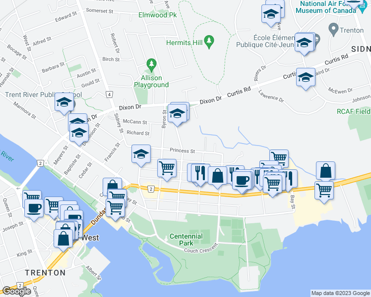 map of restaurants, bars, coffee shops, grocery stores, and more near 72 Princess Street in Quinte West