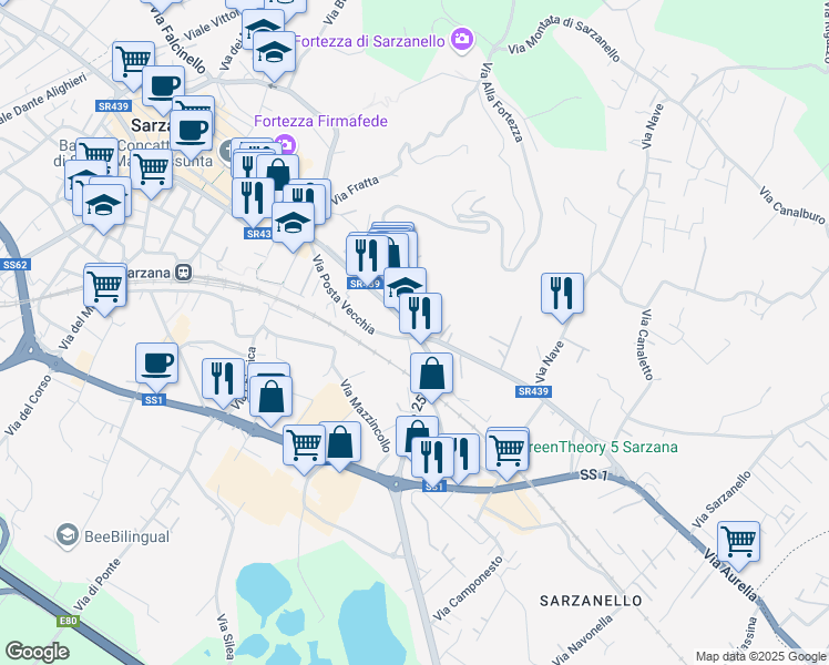 map of restaurants, bars, coffee shops, grocery stores, and more near 131 Via Giuseppe Mazzini in Sarzana