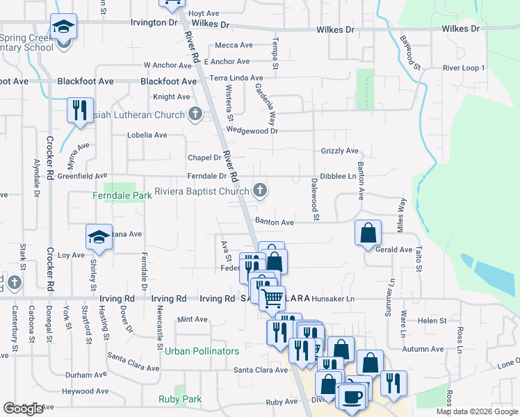 map of restaurants, bars, coffee shops, grocery stores, and more near 3007 River Road in Eugene