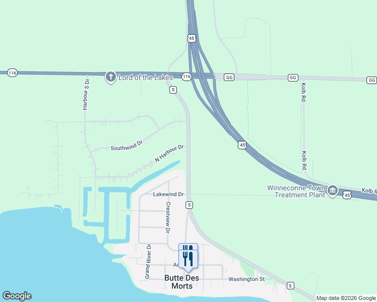 map of restaurants, bars, coffee shops, grocery stores, and more near 5113 North Harbour Drive in Winneconne