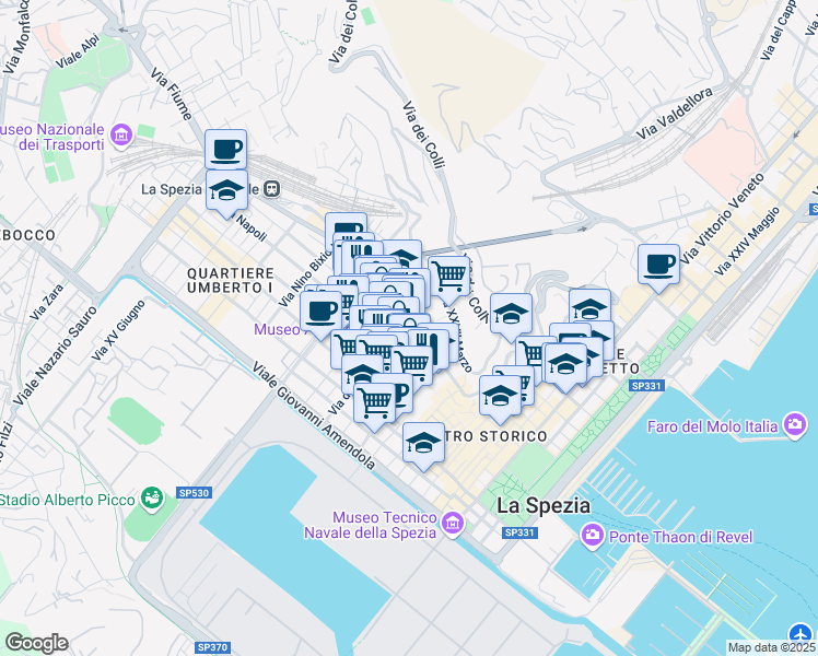map of restaurants, bars, coffee shops, grocery stores, and more near 29 Via del Vecchio Ospedale in La Spezia