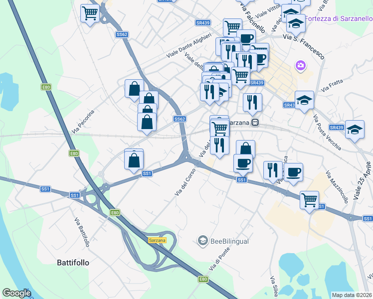 map of restaurants, bars, coffee shops, grocery stores, and more near 40 Via Variante Cisa in Sarzana