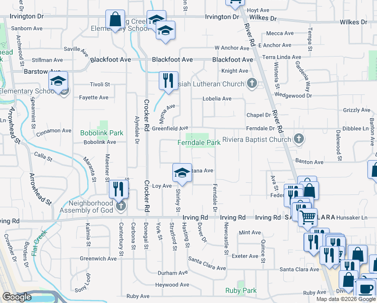 map of restaurants, bars, coffee shops, grocery stores, and more near 2970 Dahlia Lane in Eugene