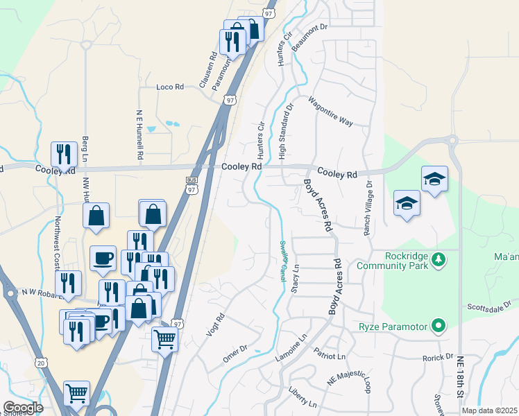 map of restaurants, bars, coffee shops, grocery stores, and more near 63553 Hunters Circle in Bend