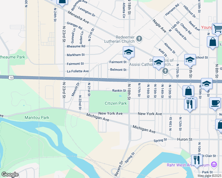 map of restaurants, bars, coffee shops, grocery stores, and more near 1842 Rankin Street in Manitowoc