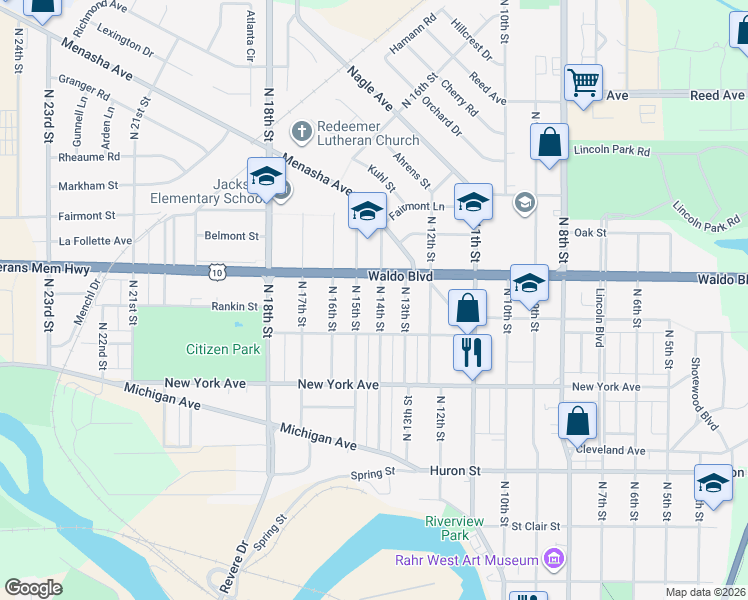 map of restaurants, bars, coffee shops, grocery stores, and more near 1030 North 14th Street in Manitowoc
