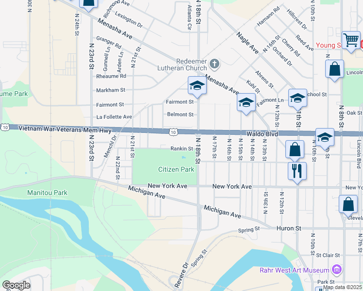 map of restaurants, bars, coffee shops, grocery stores, and more near 1828 Rankin Street in Manitowoc