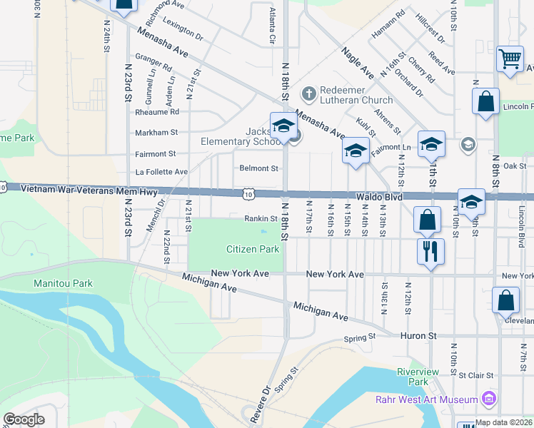 map of restaurants, bars, coffee shops, grocery stores, and more near 1828 Rankin Street in Manitowoc