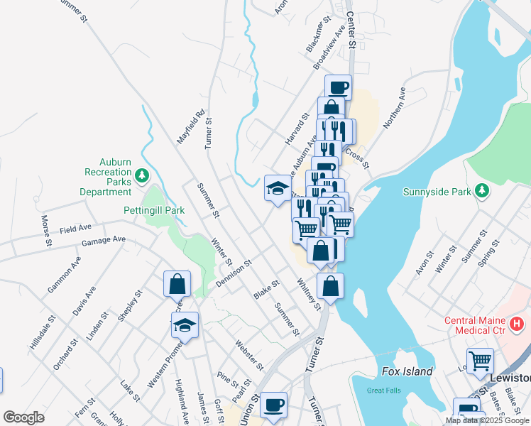 map of restaurants, bars, coffee shops, grocery stores, and more near 149 Whitney Street in Auburn