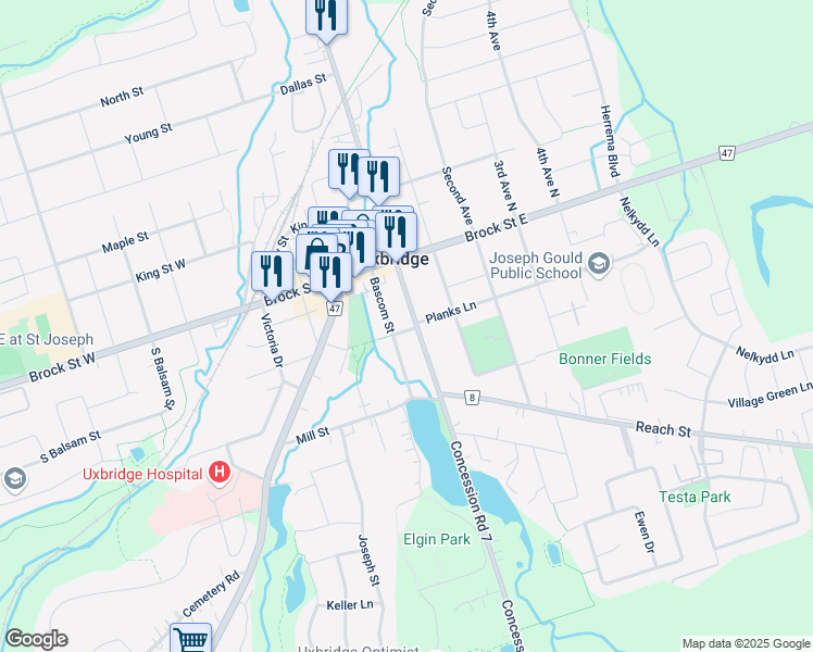 map of restaurants, bars, coffee shops, grocery stores, and more near in Uxbridge