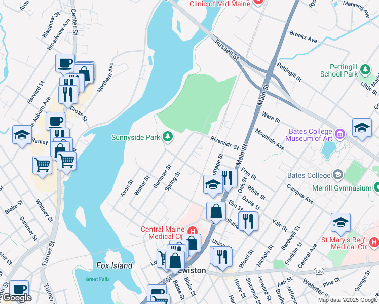 map of restaurants, bars, coffee shops, grocery stores, and more near 152 Spring Street in Lewiston