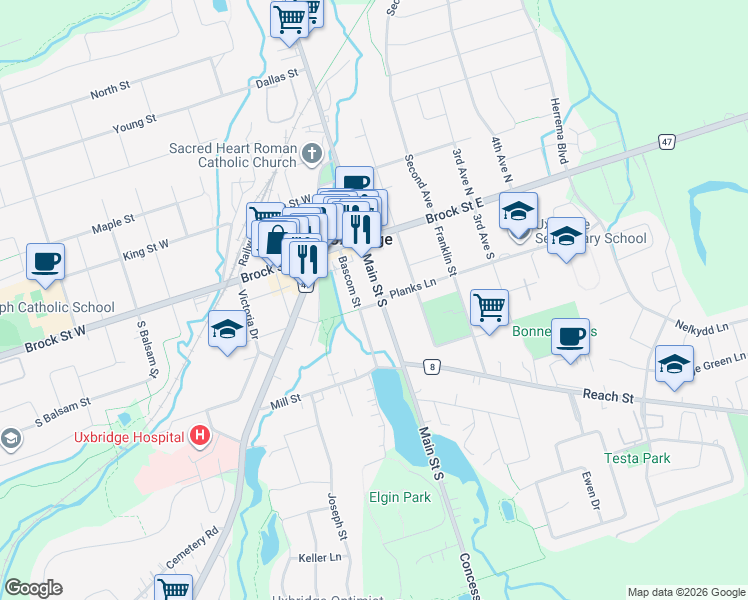 map of restaurants, bars, coffee shops, grocery stores, and more near 54 Main Street South in Uxbridge