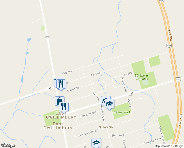 map of restaurants, bars, coffee shops, grocery stores, and more near 36 Farr Avenue in East Gwillimbury
