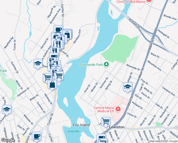 map of restaurants, bars, coffee shops, grocery stores, and more near 84R Avon Street in Lewiston