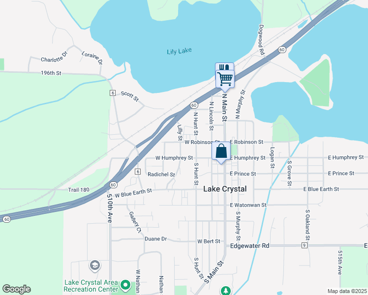 map of restaurants, bars, coffee shops, grocery stores, and more near 112 County Road 77 in Lake Crystal