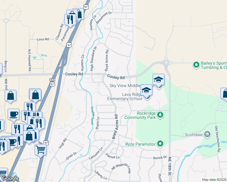 map of restaurants, bars, coffee shops, grocery stores, and more near 63552 Boyd Acres Road in Bend
