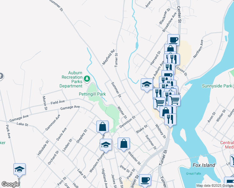 map of restaurants, bars, coffee shops, grocery stores, and more near 218 Summer Street in Auburn