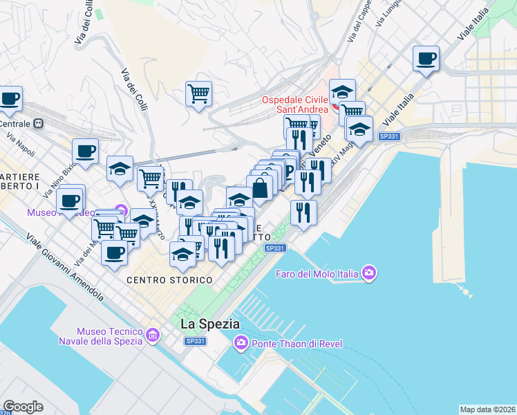map of restaurants, bars, coffee shops, grocery stores, and more near 24 Via Tolone in La Spezia