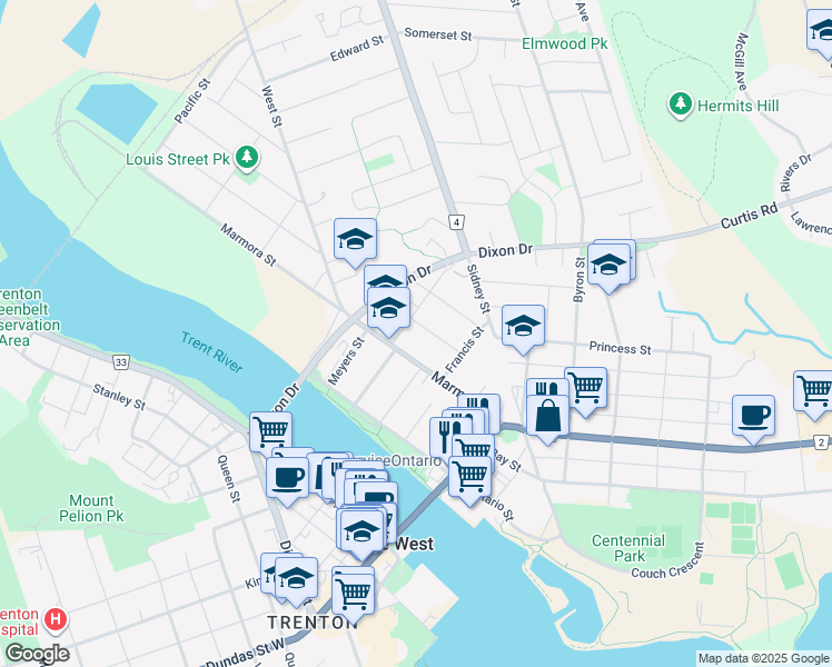 map of restaurants, bars, coffee shops, grocery stores, and more near in Quinte West