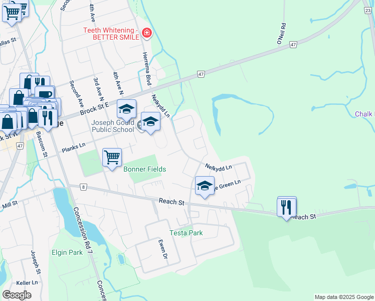 map of restaurants, bars, coffee shops, grocery stores, and more near 35 Nelkydd Lane in Uxbridge