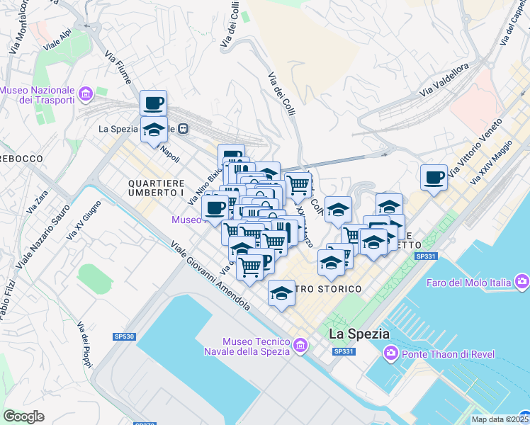 map of restaurants, bars, coffee shops, grocery stores, and more near Via Cernaia in La Spezia