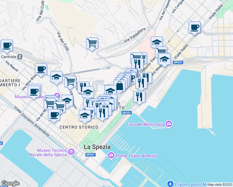 map of restaurants, bars, coffee shops, grocery stores, and more near 24 Via Tolone in La Spezia