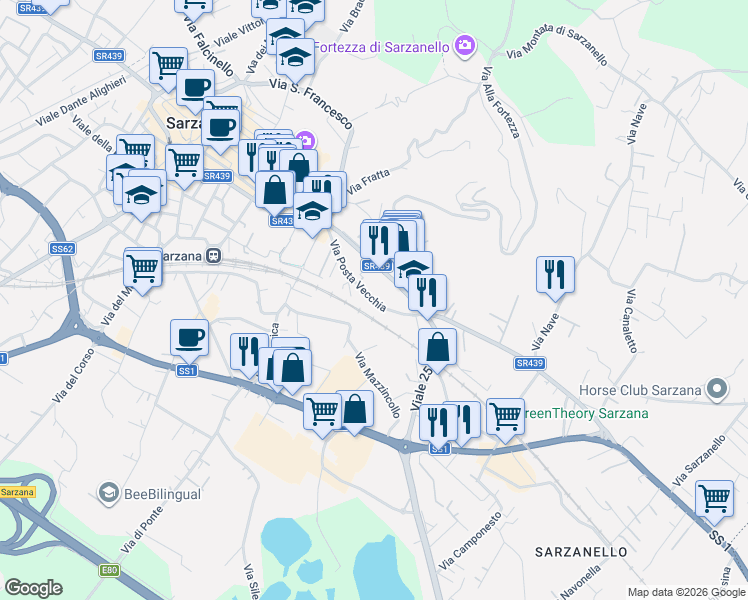map of restaurants, bars, coffee shops, grocery stores, and more near 7 Via Posta Vecchia in Sarzana