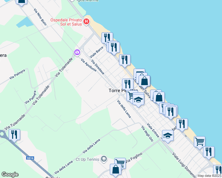 map of restaurants, bars, coffee shops, grocery stores, and more near 8 Via Apollonia in Torre Pedrera