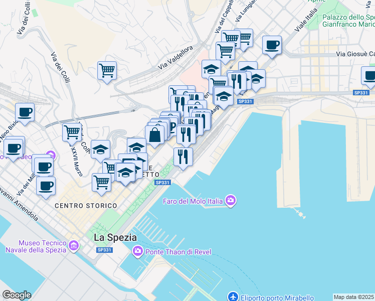 map of restaurants, bars, coffee shops, grocery stores, and more near 15 Viale Italia in La Spezia